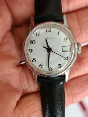 Vintage Working Timex Women's Black Strap Silver Case White Dial Watch